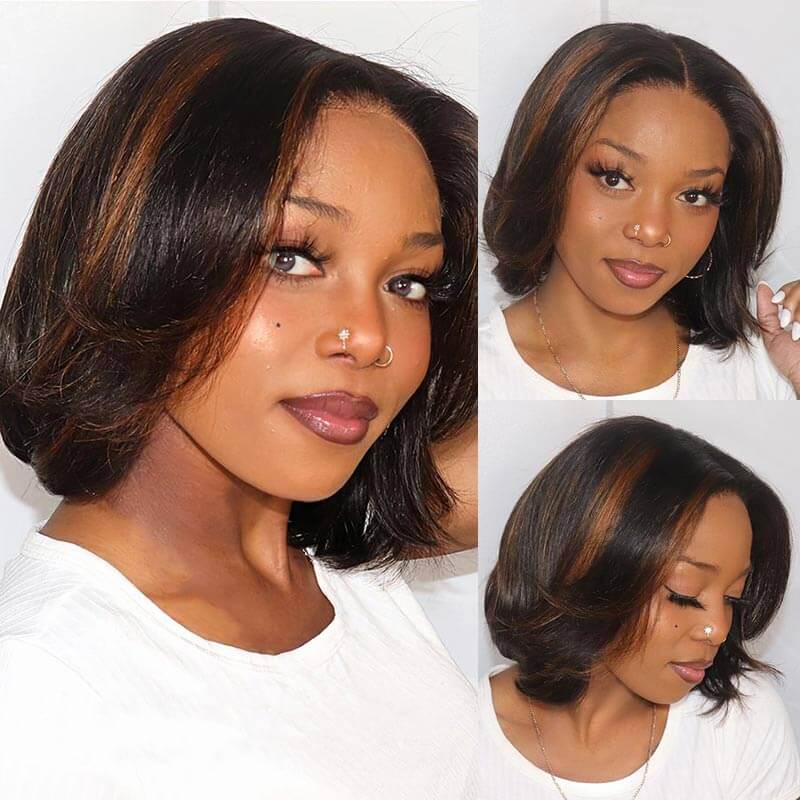 elegant brown highlights stacked bob wig with swoopy layers