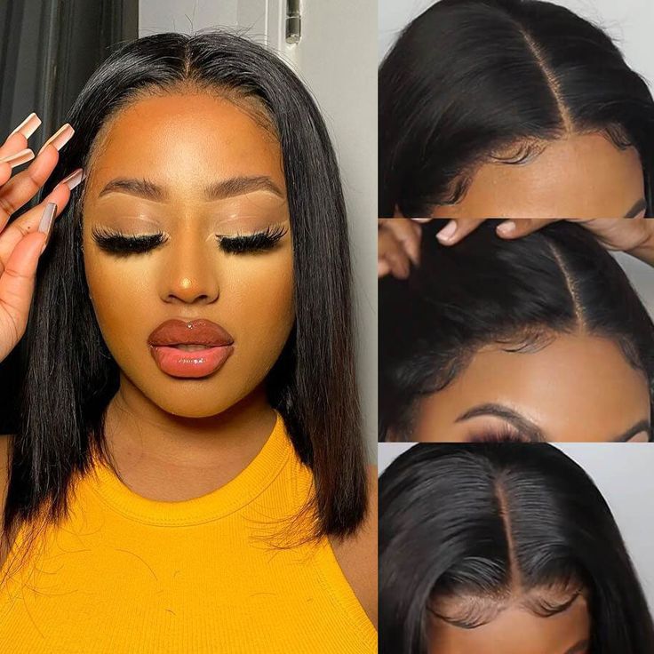 sleek straight short bob wigs for Black women, 100% human hair 5x5 lace closure bob wigs