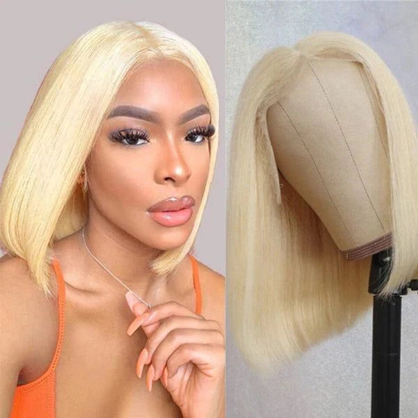 easy-install blonde lace short bob wig, lightweight human hair bob for everyday wear