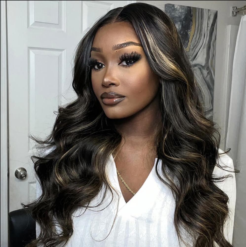 qvr wigs body wave lace frontal with gold sand highlights, radiant style