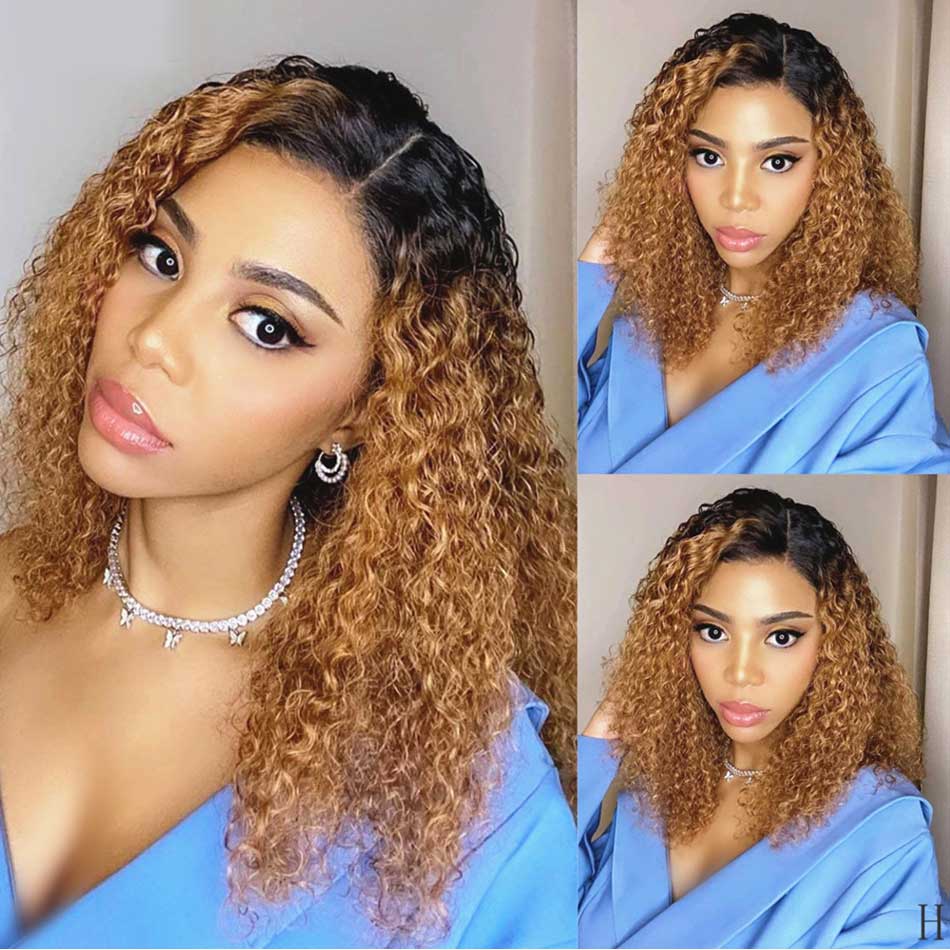 vibrant ombre 1B/30 curly bob wigs, 13x4 lace frontal human hair short bob wigs for natural Black hair