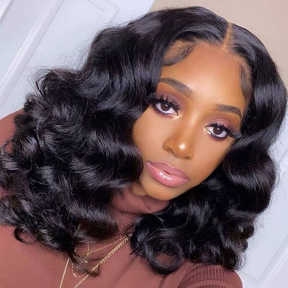 natural black short bob wigs with loose deep wave, soft human hair bob wigs for Black women