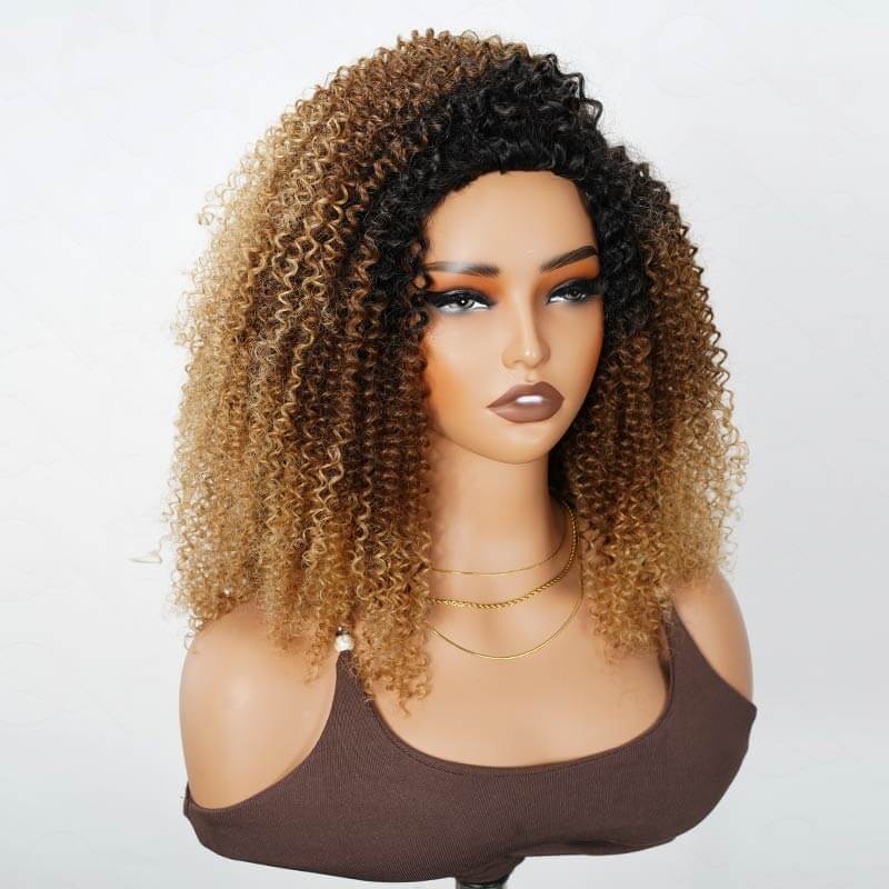 QVR Glueless Kinky Curly Half Wig Invisible Hairline Ombre 