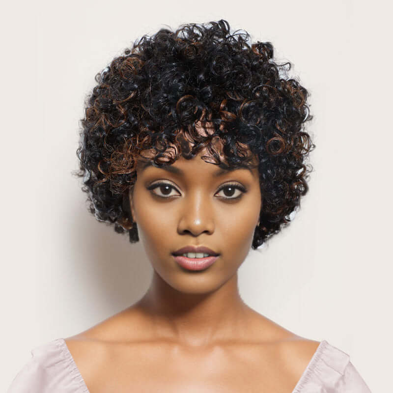 brown highlights short pixie cut wigs with bangs for black women