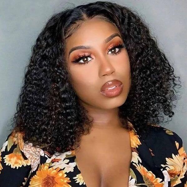 chic natural black kinky curly bob wig with bouncy curls and virgin human hair