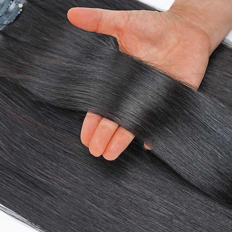 100% human hair natural black straight clip in extensions