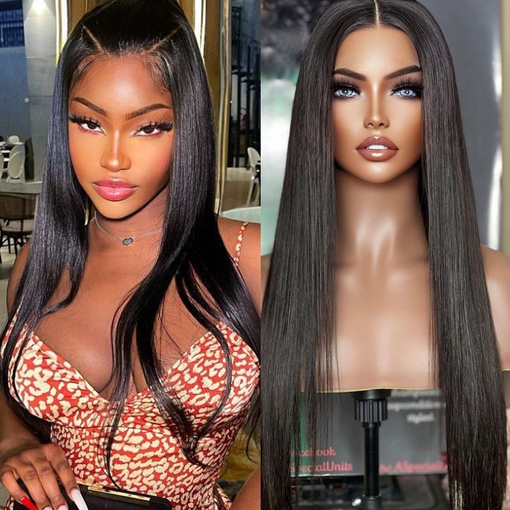 glueless wear and go wig with smooth straight human hair and baby hair