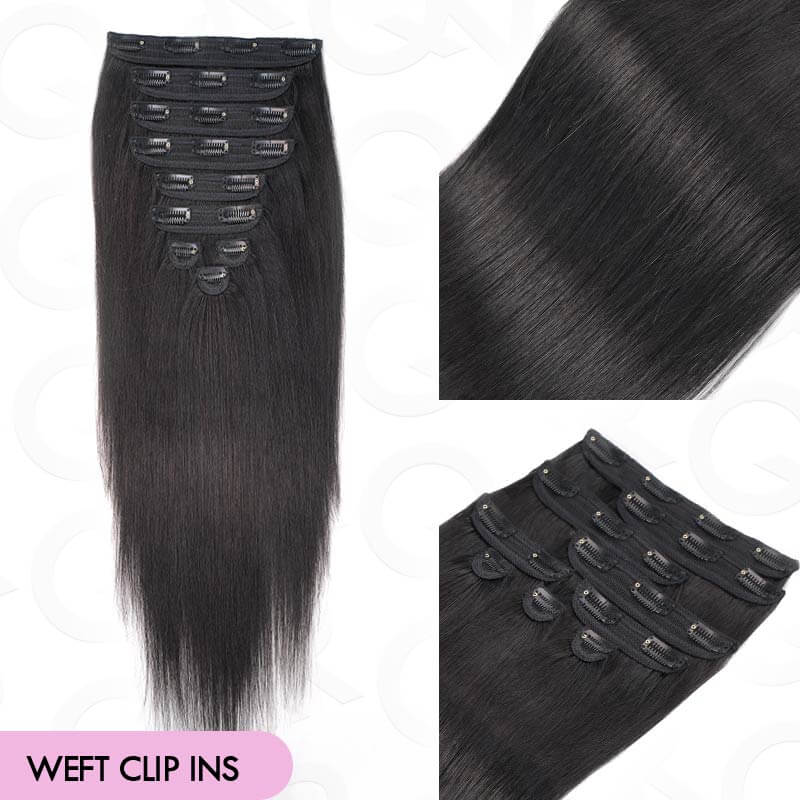 9pcs natural black silky straight weft human hair clip ins
