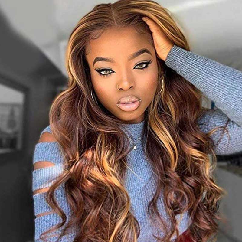 glossy straight human hair wear and go wig with blended ombre highlights