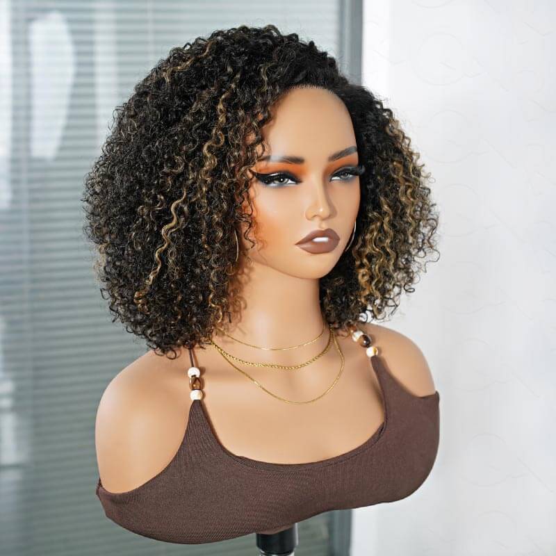 highlighted short cut curly wigs glueless human hair wigs