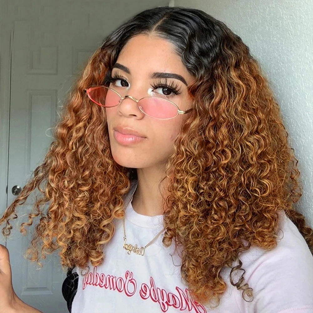 stylish ombre curly bob wigs, 1B/30 13x4 lace frontal short bob human hair wigs for African American hair
