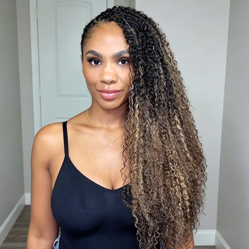 QVR Sun-Kissed Blonde Mixed Highlights Burmese Kinky Curly Feather Crochet Human Hair  Miracle Knots Crochet Weave Hair Extensions