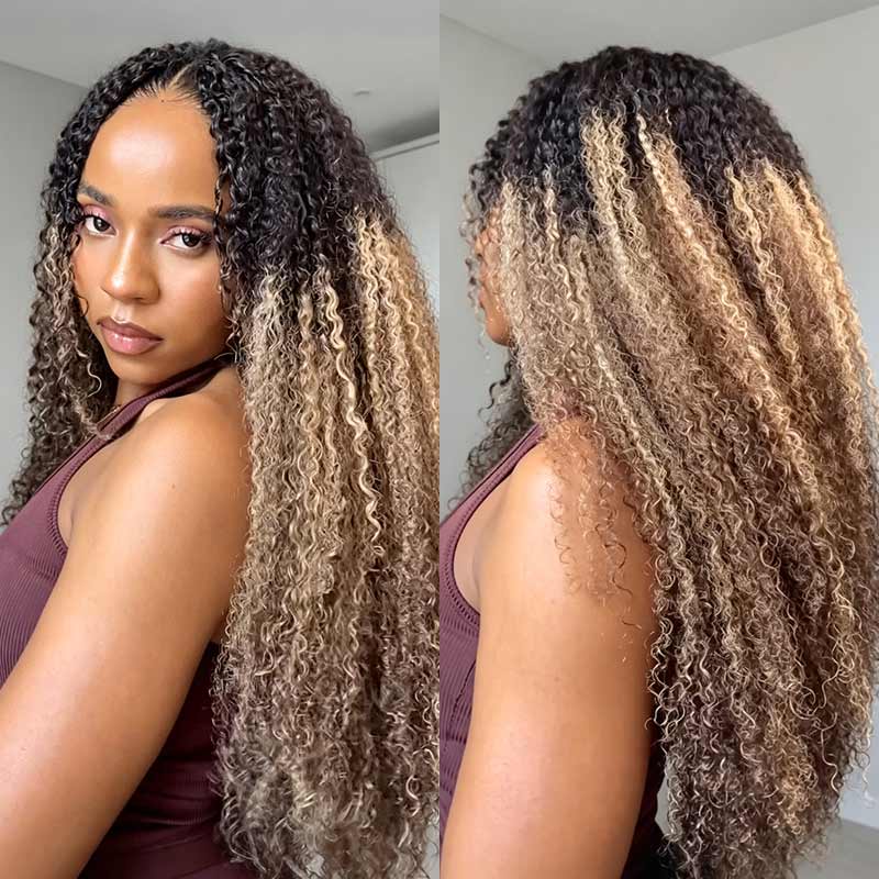 QVR Sun-Kissed Blonde Mixed Highlights Burmese Kinky Curly Feather Crochet Human Hair  Miracle Knots Crochet Weave Hair Extensions
