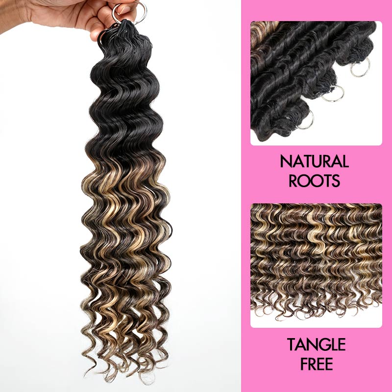 QVR Deep Wave Crochet Hair Sun-Kissed Blonde Mixed Highlights Machine Made Feather Human Hair Extension