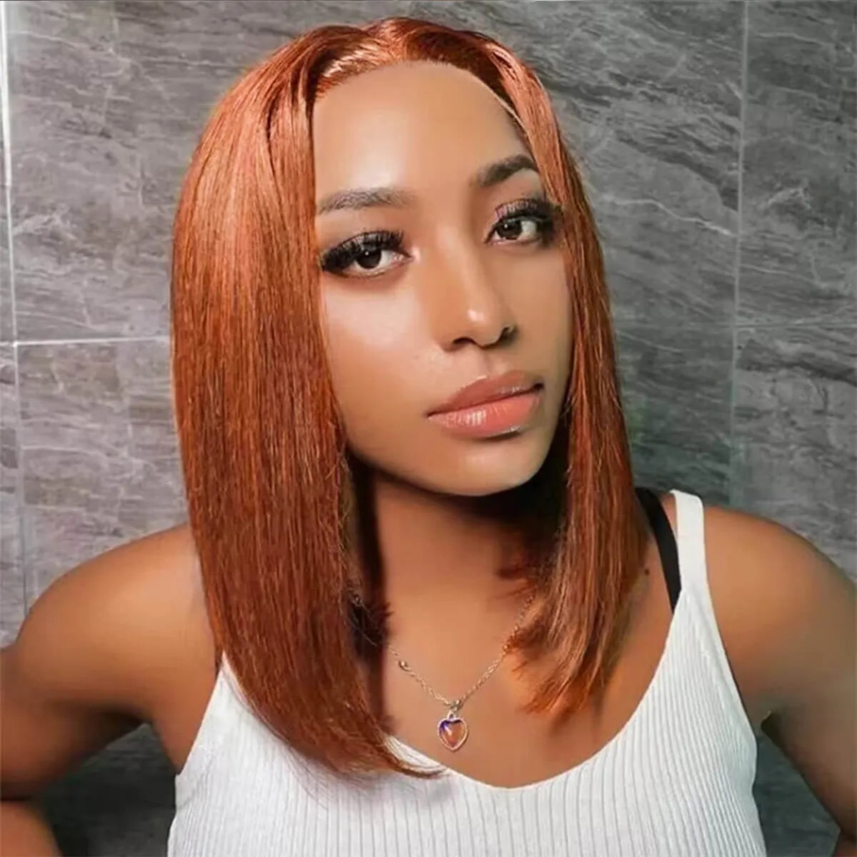 straight bob wigs in warm orange hue, pre-cut lace human hair bob wigs for rich skin tones