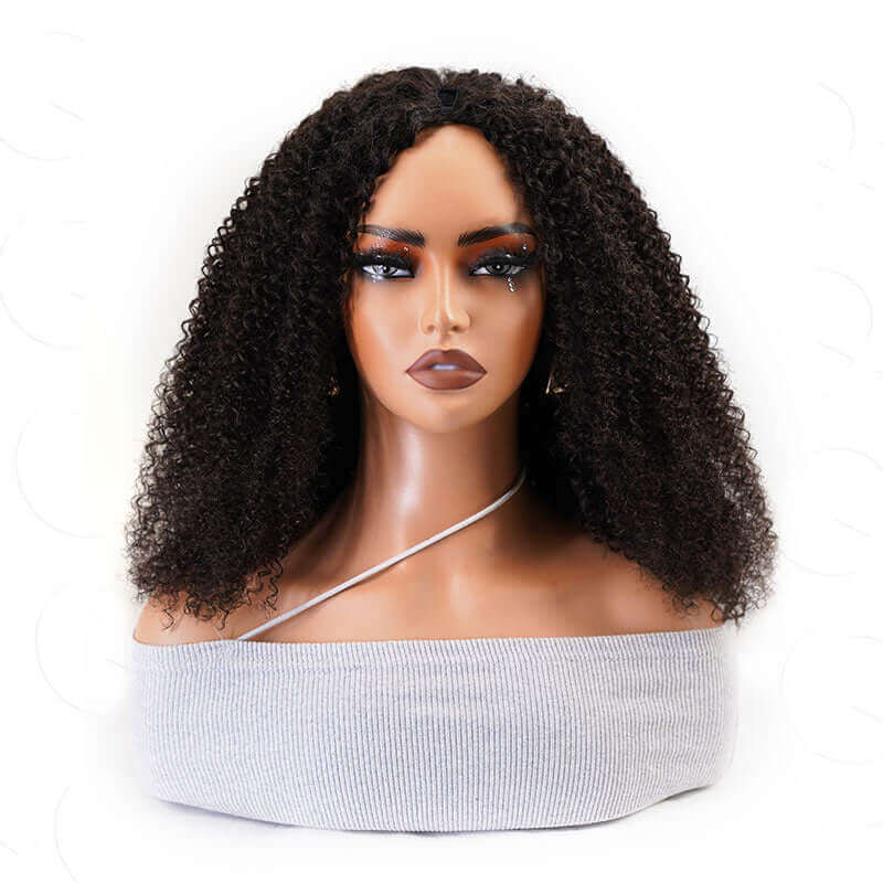 v part human hair wigs on wig stand front view