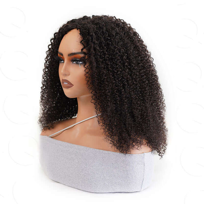 kinky curly v part human hair wig on wig stand right side views