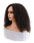 kinky curly v part human hair wig on wig stand right side views