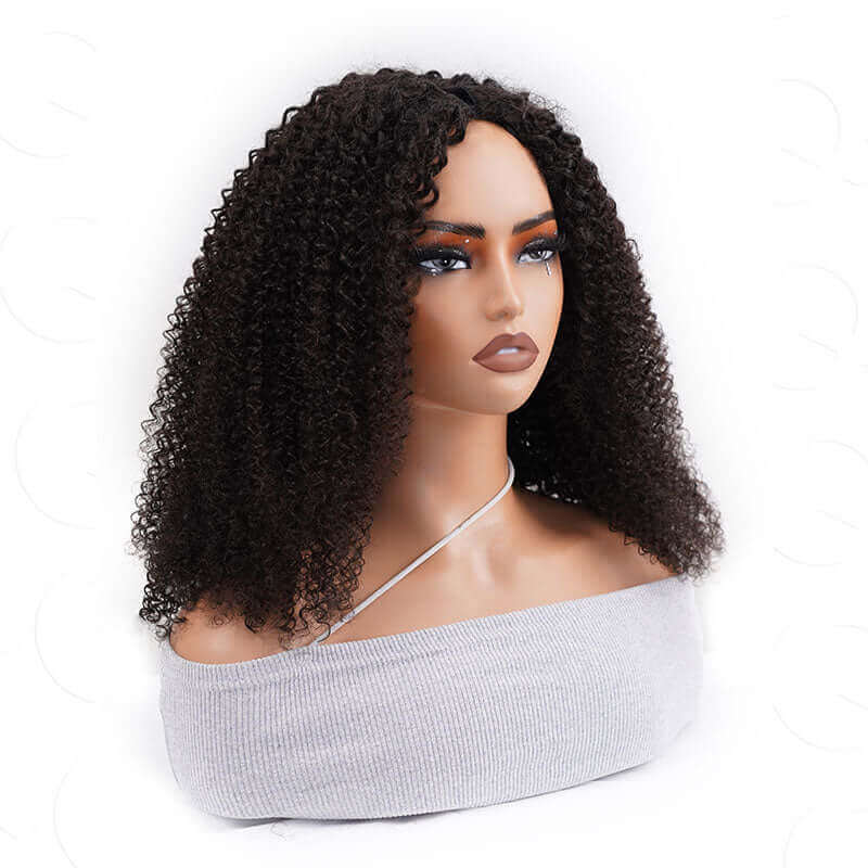 kinky curly v part wigs on wig stand side view