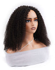kinky curly v part wigs on wig stand side view
