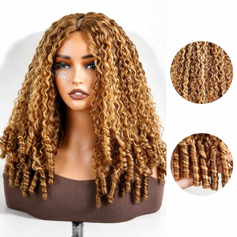 QVR Honey Blond Highlight Burmese Curly V Part Wigs Natural Protective Style Glueless Wigs