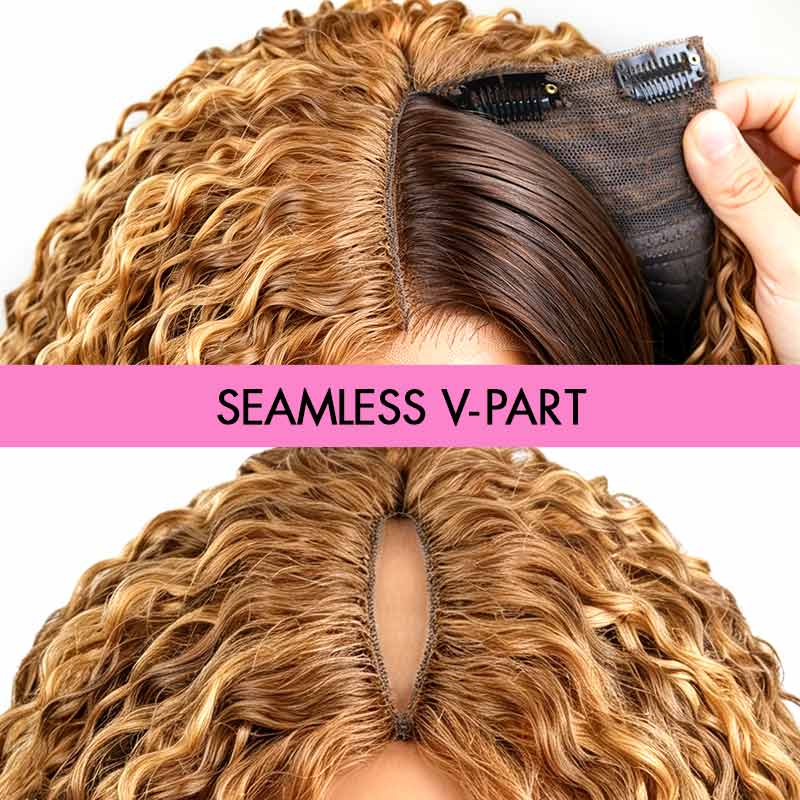 QVR Honey Blond Highlight Burmese Curly V Part Wigs Natural Protective Style Glueless Wigs