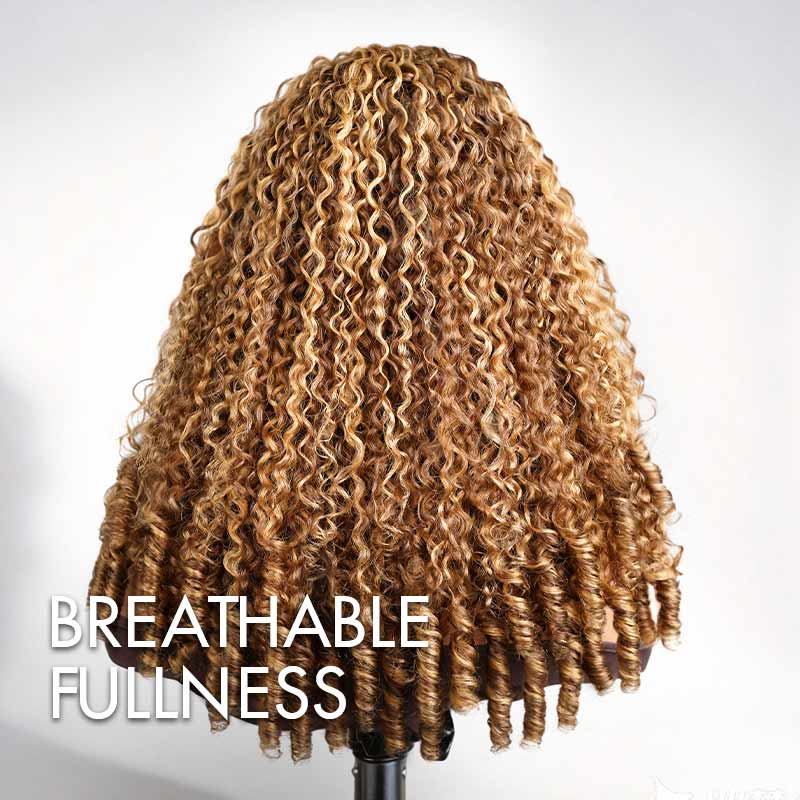 QVR Honey Blond Highlight Burmese Curly V Part Wigs Natural Protective Style Glueless Wigs