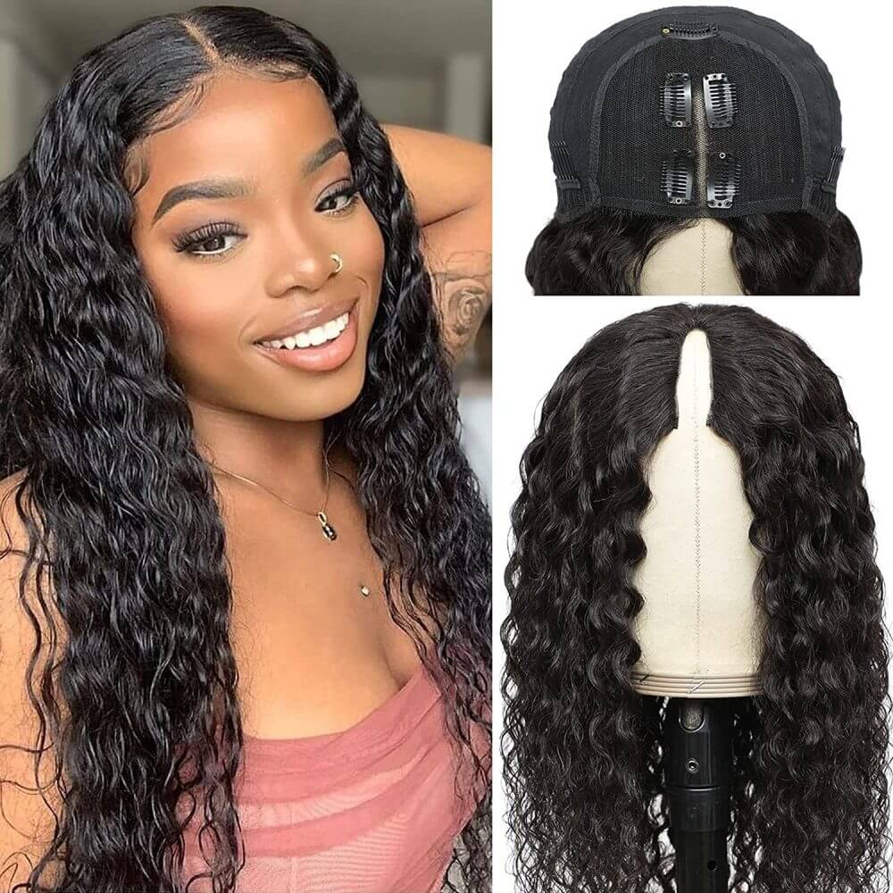qvr glueless water wave wavyed v part wig human hair 180% density wig