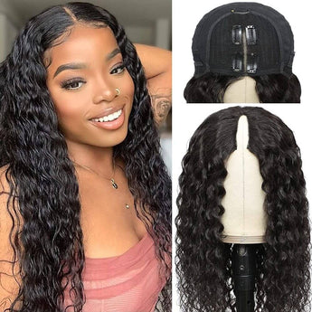 qvr glueless water wave wavyed v part wig human hair 180% density wig