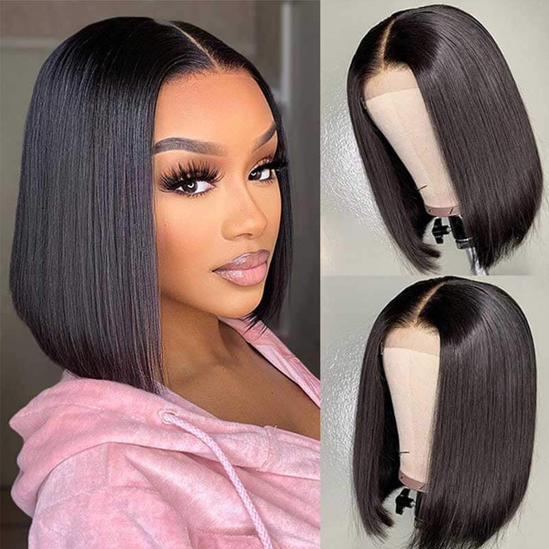 sleek short bob wear and go wig with HD lace closure