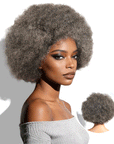 QVR Salt and Pepper Side Part Afro Curl Bouncy Human Hair Machine Made Glueless Wig