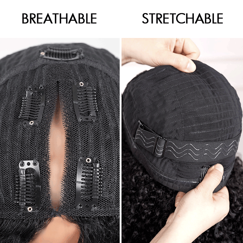 QVR Glueless Burmese Curly V Part Wigs Natural Black Invisible Lace Edge Human Hair Wig