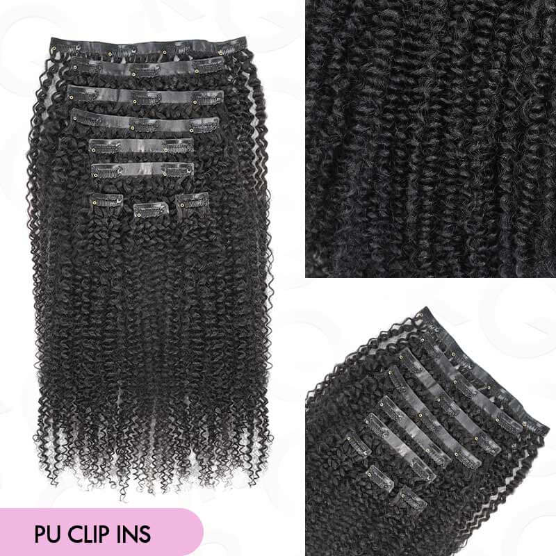 afro kinky curly pu clip in hair extensions natural black color