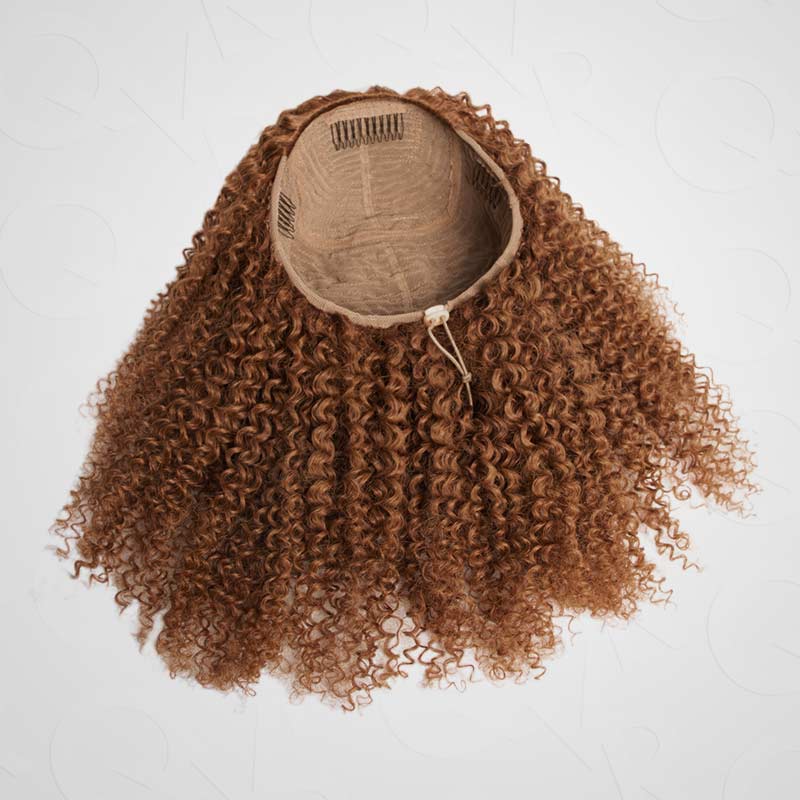glueless human hair half wig auburn brown kinky curly