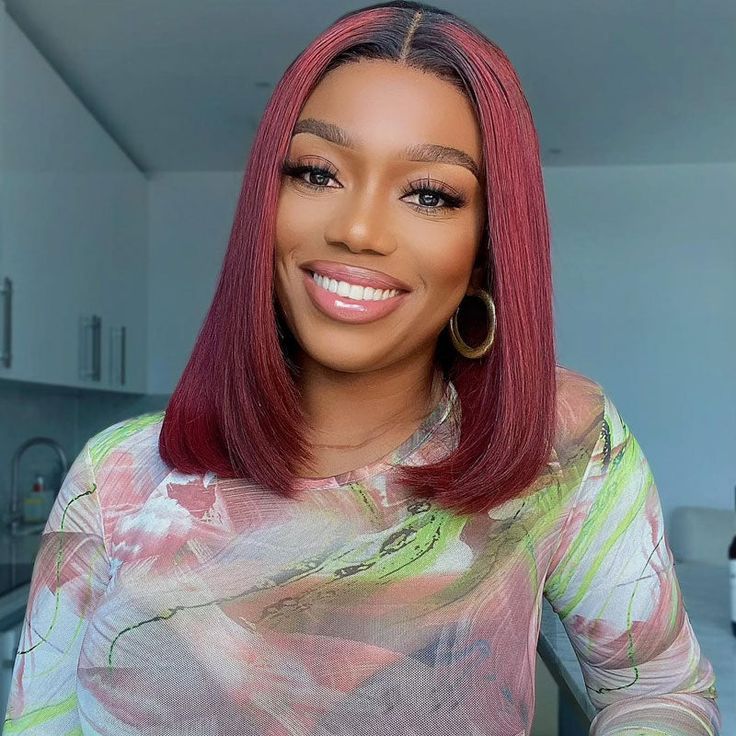 vibrant short bob wig in burgundy ombre, made from silky straight human hair