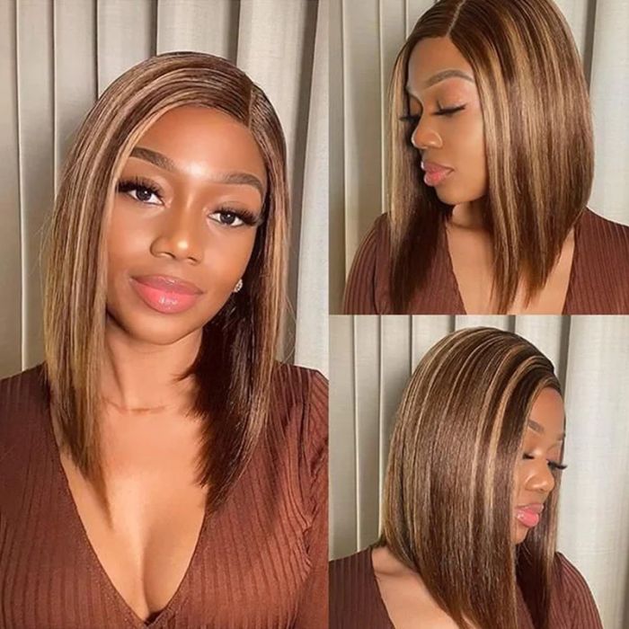 sleek piano highlights short bob wigs honey blonde for black women