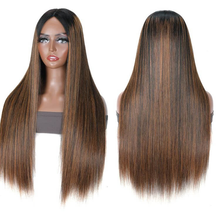 balayage straight v part wig on wig stand front and back view