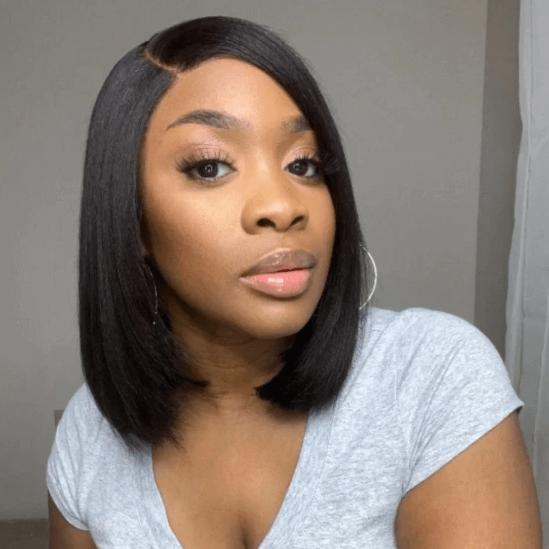 glueless C part short bob wig with smooth, straight human hair