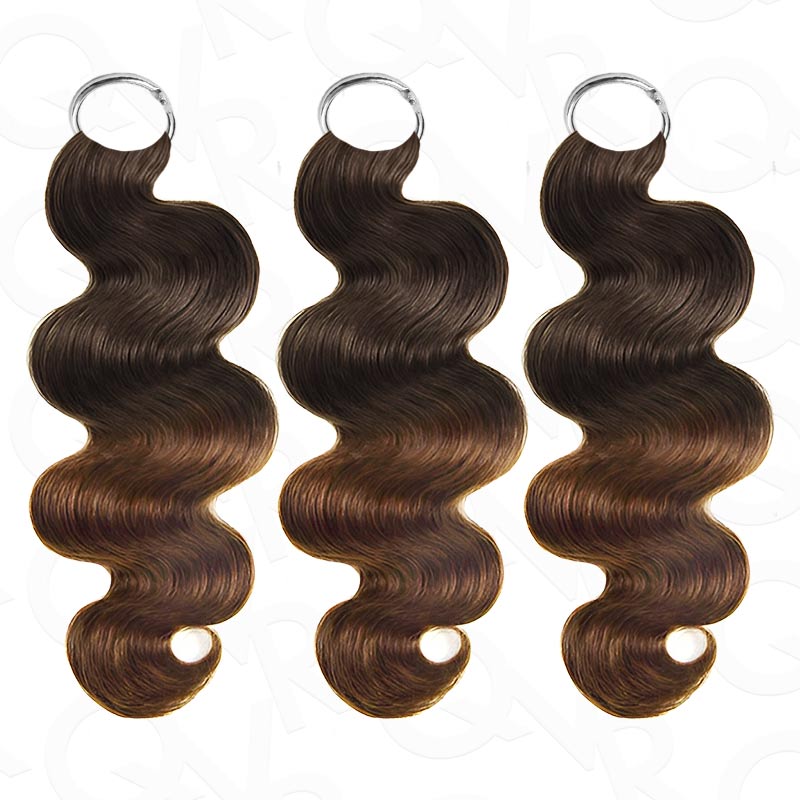 QVR #T2/30 crochet hair body wave extensions, 100% human hair, machine made, feather texture, brown color, 14-24 inches.