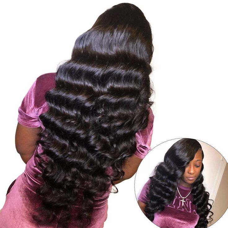 full head look of black loose deep wave human hair 3 bundles with remy hair weave with 4x4 lace closure