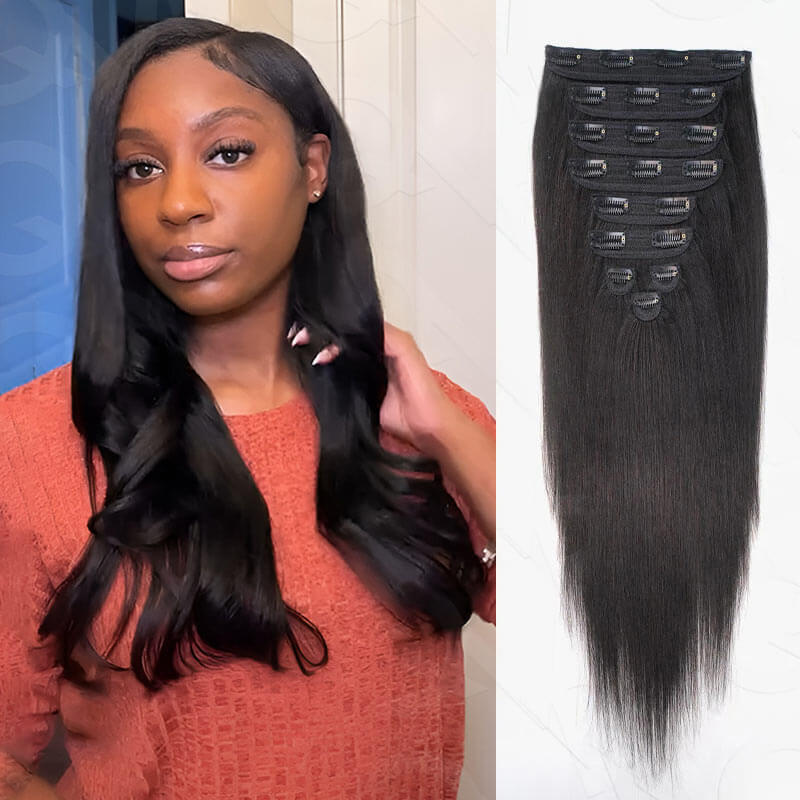 natural black straight clip in hair extensions for adding volume
