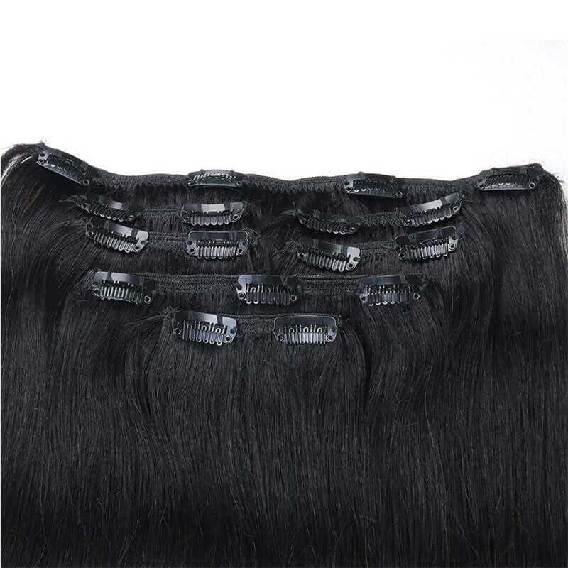 QVR Straight 7Pcs Virgin Human Hair Extensions Brazilian Natural Black Color, 100% Virgin Human Hair, Clip-In Style, 10-24 Inches
