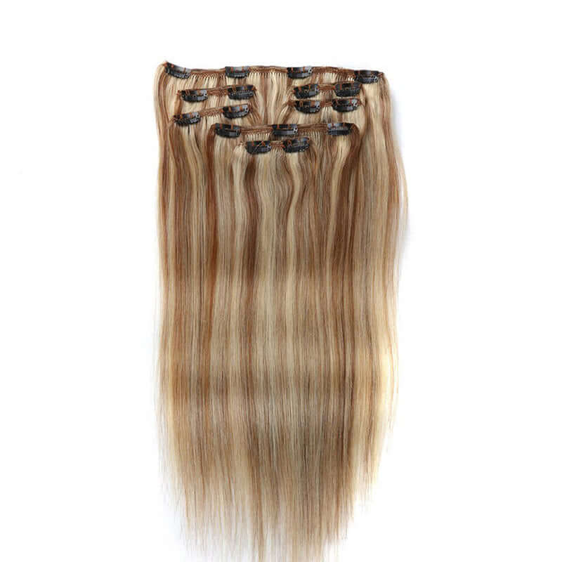 QVR Blonde Straight 7Pcs Clip in Hair Extensions in Highlight #P27/613 Color Virgin Human Hair Straight Texture