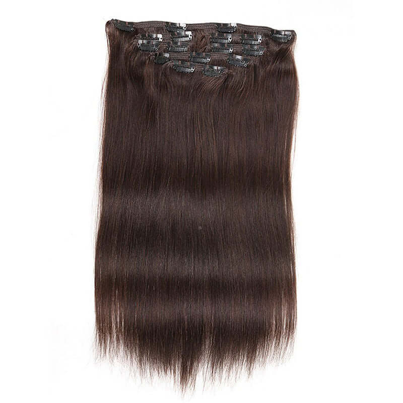 Straight 7pcs clip in virgin human hair extensions in natural black color.