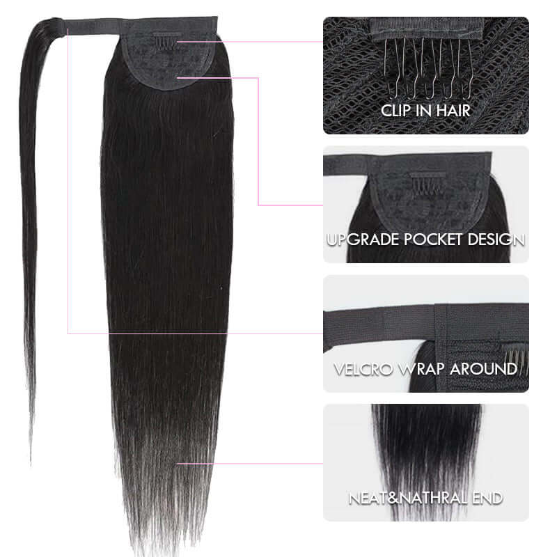 straight human hair ponytail hair extensions  upgrade pocket design