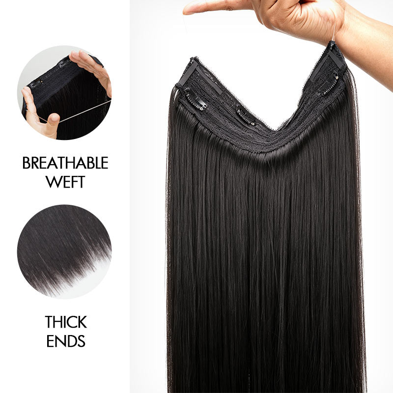 QVR Halo Hair Extensions Human Hair Straight One Piece Clip in with Invisible Wire &amp; V Part Breathable Weft