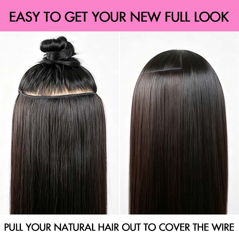 QVR Halo Hair Extensions Human Hair Straight One Piece Clip in with Invisible Wire &amp; V Part Breathable Weft