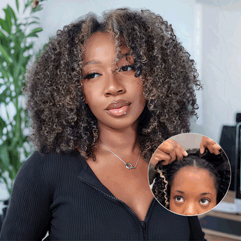 QVR Invisible Lace Edge Kinky Curly V Part Wigs Highlight #1B/27/613 No Leave Out Human Hair Wig