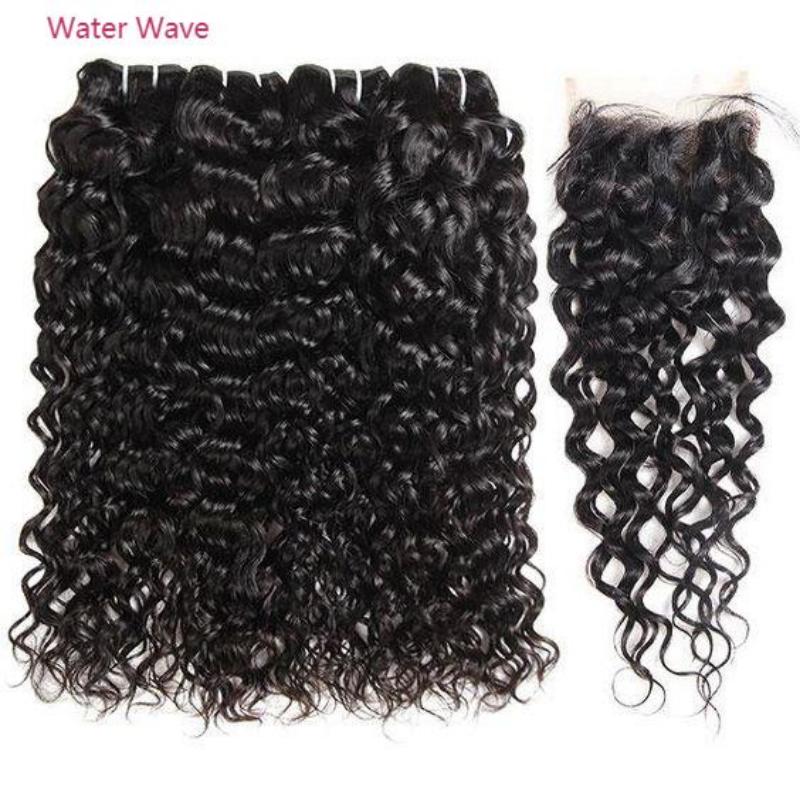water wave natural black human hair bundles with 4x4 closured human hair weave
