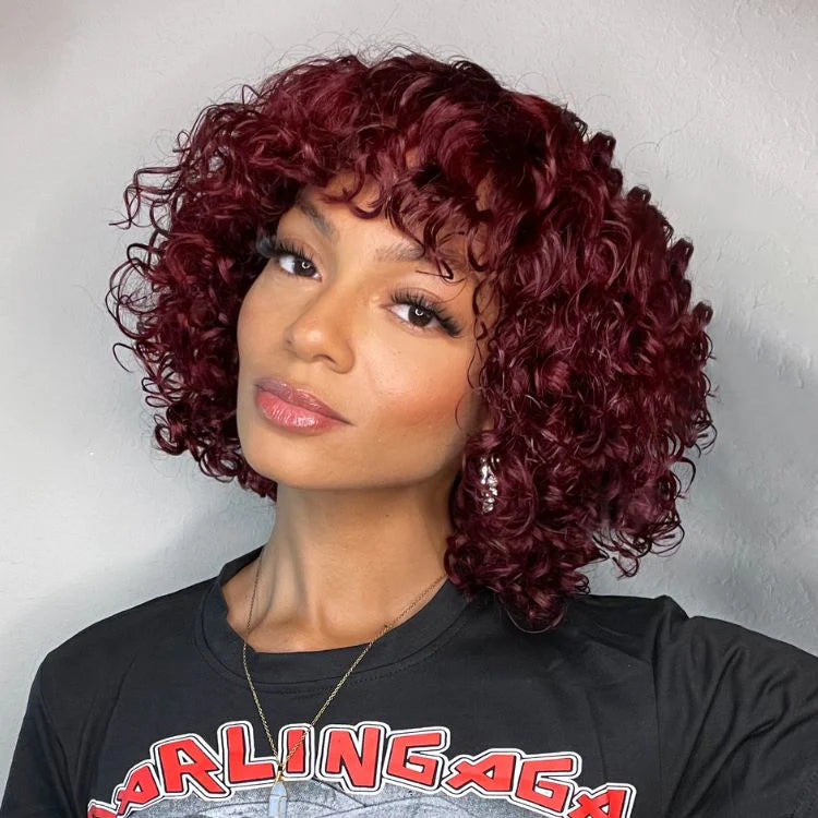 short bob wigs with bangs, burgundy water wave pixie cut human hair bob wigs for african american women